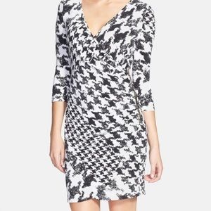 Guess Penelope black and white houndstooth faux wrap dress